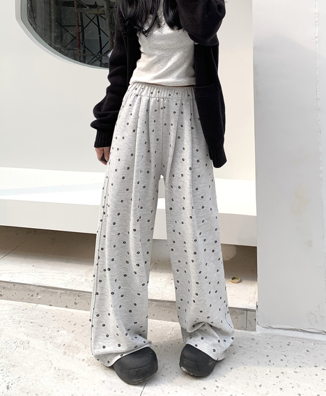 Floral white gray high-waisted thin wide-leg trousers and sweatpants