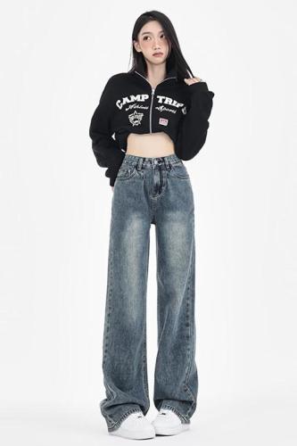 Retro extended wide-leg jeans for women new high-waisted loose slimming straight-leg drape floor-length pants