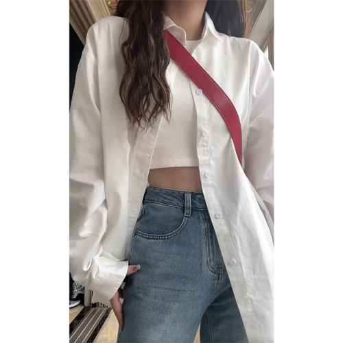 Long-sleeved white shirt for women in spring and autumn, loose commuting layering, inner wear, niche ins trendy high-end jacket top