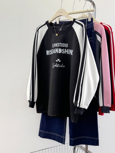 Actual shot of sweatshirts for men and women, spring and autumn thin section, 2024 trendy loose design, color-blocked round neck Korean style tops