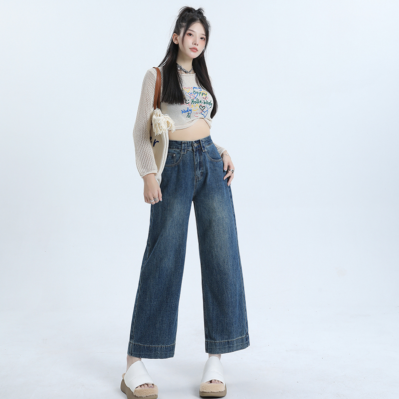 Moonlight blue wide-leg jeans for women, high-waisted, casual, loose, slim, distressed, Korean-style straight pants