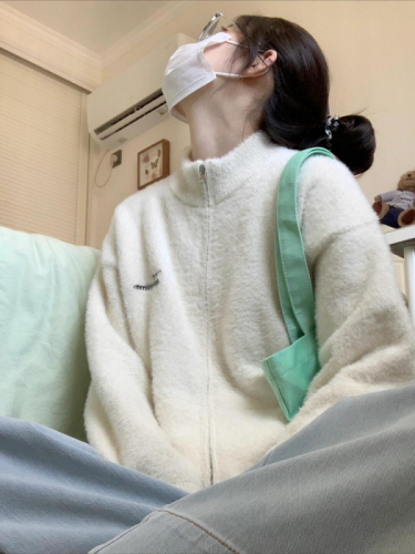 仿貂毛衣女秋冬慵懒风高级感仿貂毛刺绣休闲宽松针织开衫外套