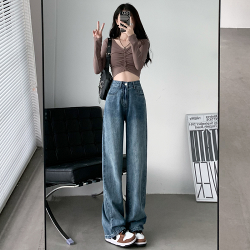 Spring and Autumn New Style Wide Leg Jeans Women's High Waist Fashion Straight Leg Loose Wide Leg Floor-Mopping Pants