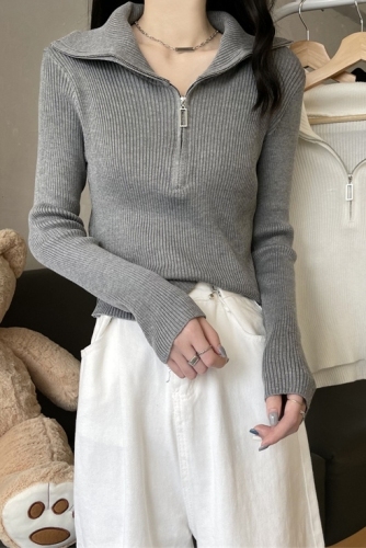 3 Long-sleeved polo shirt knitted cardigan for women spring and autumn  new style lapel short top