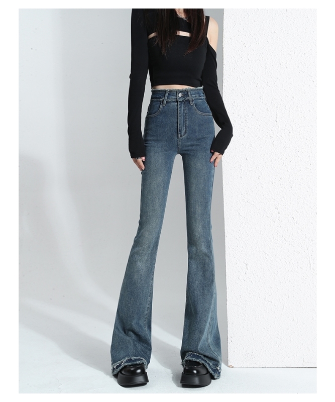 Black raw edge bootcut jeans for women, spring and autumn new style, high-waisted, slim-fitting, floor-length, horseshoe-flared pants