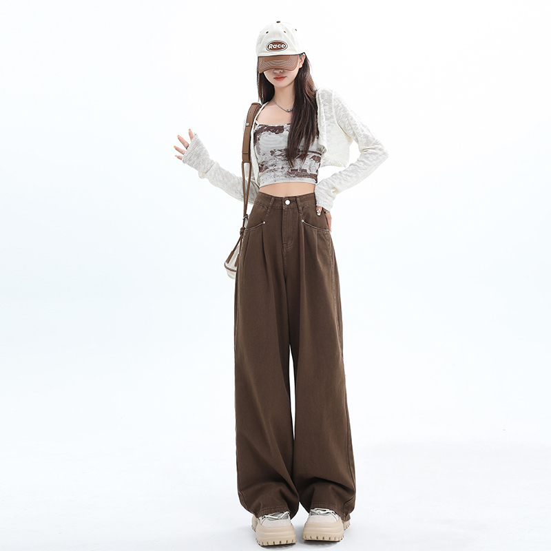 High Street Wide Leg Jeans Women's Pleated New Autumn 3 Slim Drape Floor-Mopping European and American High Waist Pants