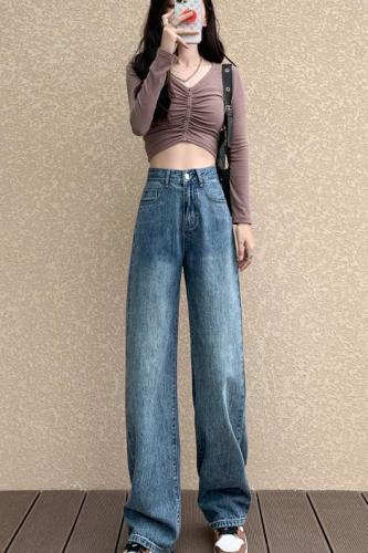 Spring and Autumn New Style Wide Leg Jeans Women's High Waist Fashion Straight Leg Loose Wide Leg Floor-Mopping Pants