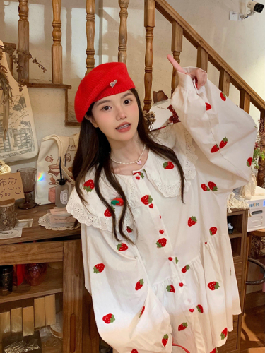 Sweet age-reducing long-sleeved dress for women spring new heavy-duty printed strawberry doll collar loose and stylish skirt trendy