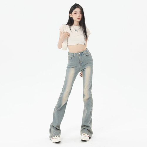 New visual design #Retro Cream Stretch Denim Flare Pants Regular & Extended