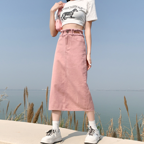 High-waisted denim skirt for women, spring and autumn pink a-line mid-length slim hip-hugging skirt for hot girls