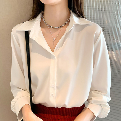 Women's new French autumn tops are unique, unique and beautiful, long-sleeved polo collar white shirts with a high-end feel