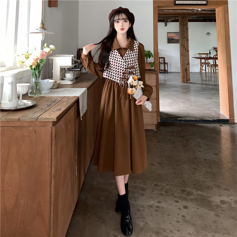 Plus size dress autumn and winter new style plate buckle houndstooth vest + dress fat mm two-piece suit