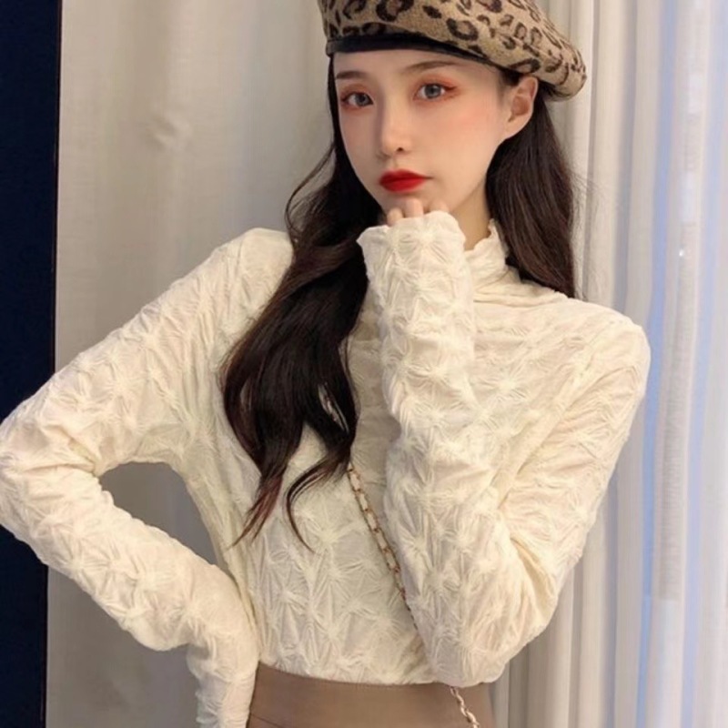 Fashionable pleated high-neck bottoming shirt for women ins trendy autumn and winter new Korean style slim-fitting top long-sleeved T-shirt