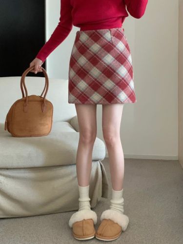 Retro plaid woolen skirt, high-waisted, slimming, mid-length, A-line hip-hugging