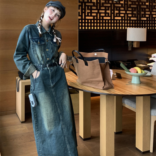 Large size retro Hong Kong style distressed Korean style versatile Hong Kong style waist-cinching loose denim dress