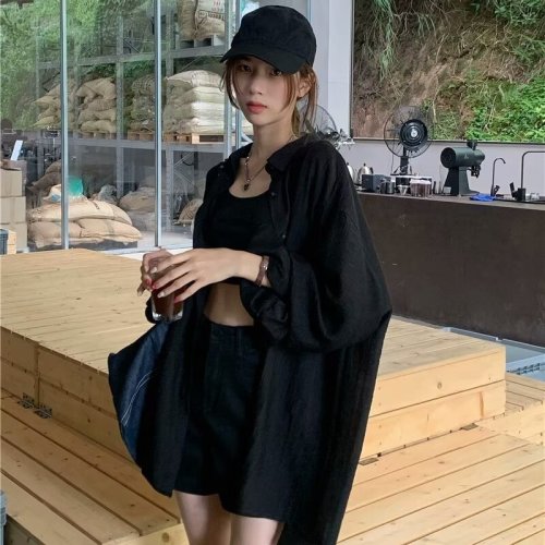 Thin black shirt jacket for women summer new loose and slim outer long-sleeved top ins trend