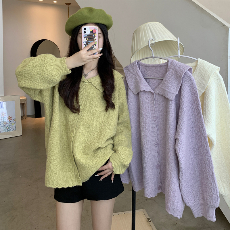 Plus size women's new autumn and winter French cardigan sweater loose simple lapel versatile solid color coat sweater