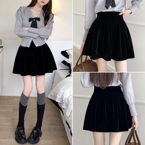 High-waisted pleated gold velvet skirt for women winter new Korean style small black a-line skirt