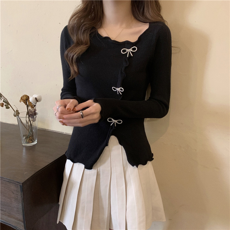 White Deer Same Style Irregular Diamond Decorated Bow Bottoming Shirt Women's Western Style Knitted Sweater Top