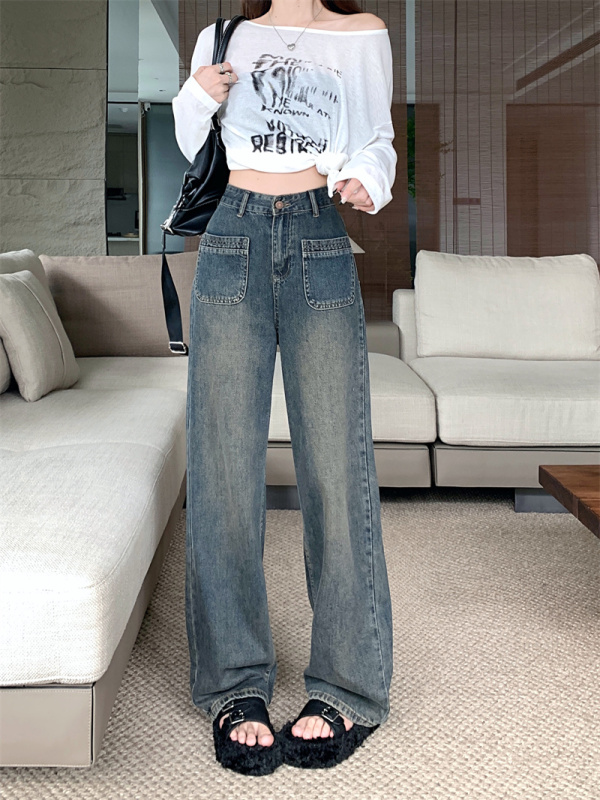 Drapey wide-leg jeans for women, autumn new style, high-waisted, slim, loose straight pants, Hong Kong style
