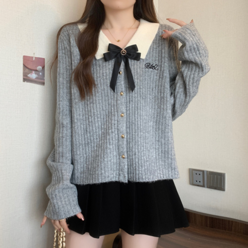 Large size gray small fragrant style sweater autumn and winter new style bow sweater fat mm slimming top