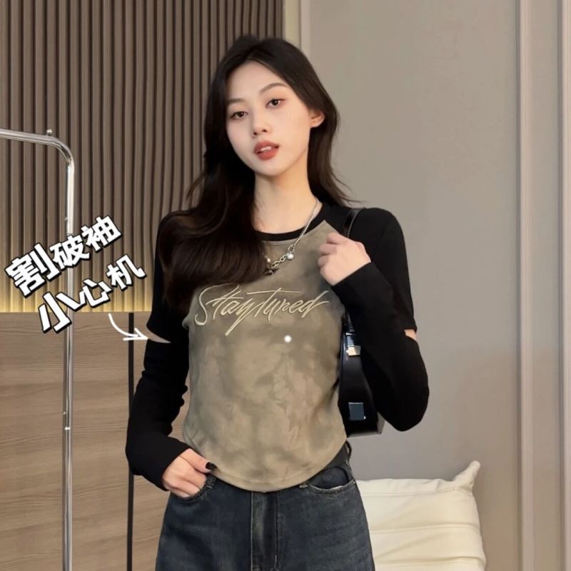 Large size early autumn new fashion casual design slim creative long-sleeved cut-sleeve T-shirt