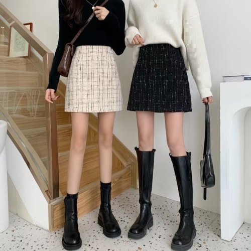 New Korean style retro temperament woolen skirt for women slimming high waist A-line hip skirt to prevent exposure