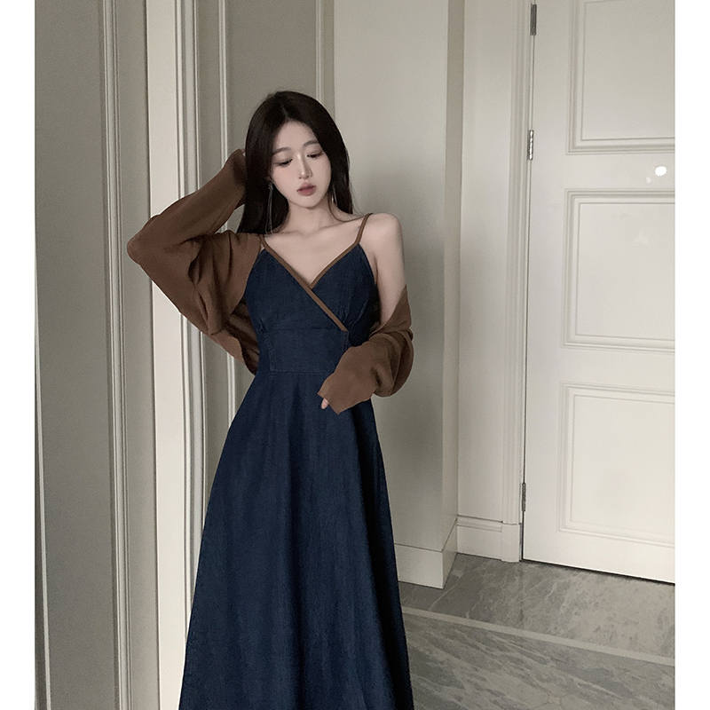 New French plus size women's retro shawl cardigan suspender denim skirt Korean style two-piece set