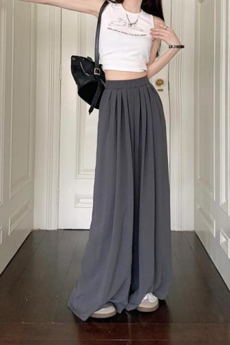 Summer new style loose slimming wide leg pants elastic waist high waist straight solid color casual pants for women