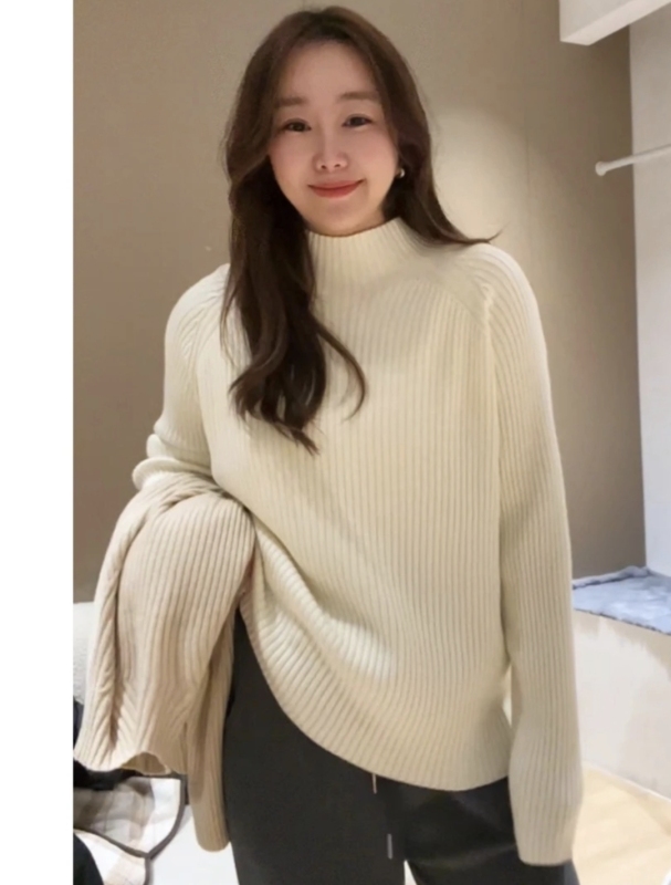Plus size autumn and winter new slim half turtleneck sweater commuter style versatile loose long-sleeved knitted bottoming shirt