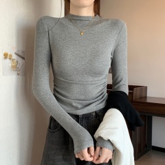 Large size casual inner wear gray long-sleeved T-shirt women's new slim pleated hottie half turtleneck bottoming top
