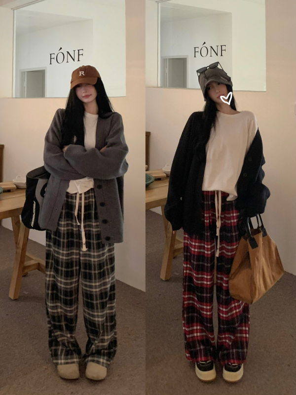 Plus size women's drawstring plaid casual pants + love embroidered sweater fat mm lazy style two-piece suit