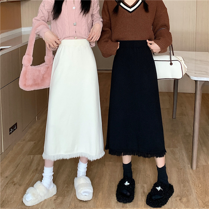 New autumn and winter tassel knitted skirt women's high waist slimming mid-length woolen skirt