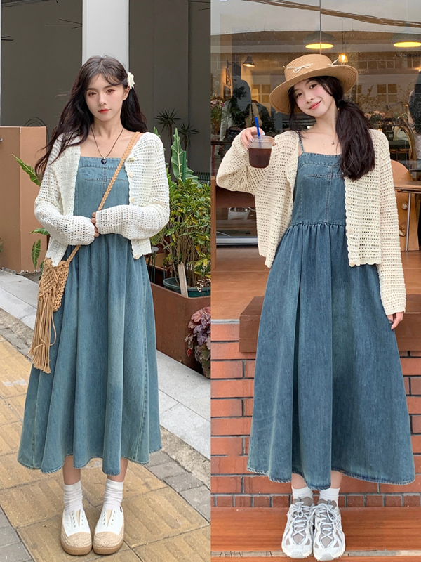 Temperament-covering flesh and slimming suspender denim dress knitted cardigan two-piece set