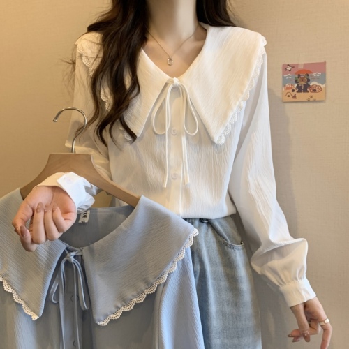 Large size French design niche doll collar shirt women's new white loose long-sleeved shirt trendy