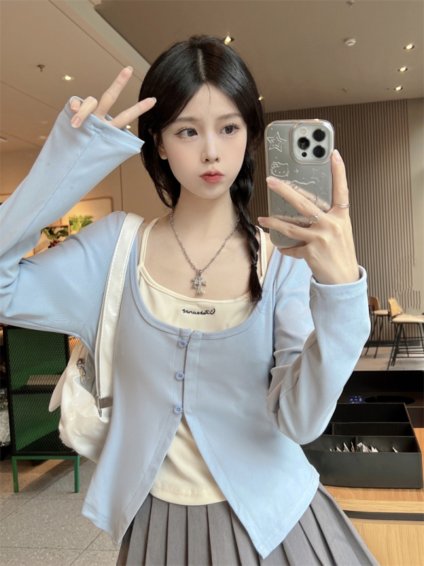 Plus size women's autumn fat mm hot girl fake two-piece long-sleeved T-shirt French design niche short sweet and spicy top