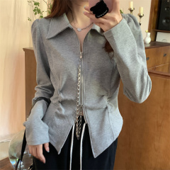 Plus size women's fat MM French irregular high-end long-sleeved tops women's spring slimming shirts