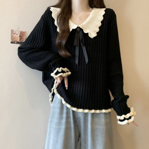 Large size design contrasting color doll collar fungus edge sweater women's winter fat mm slimming top