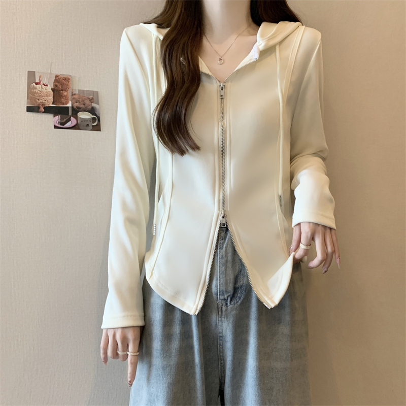 Plus size women's 2024 new fashion design double-ended zipper plus velvet thickened hooded sweatshirt