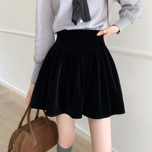 High-waisted pleated gold velvet skirt for women winter new Korean style small black a-line skirt