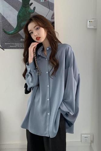 New loose mid-length haze blue lazy style casual salt long-sleeved shirt top for women