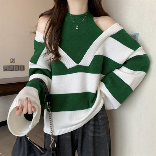 Plus size women's fat mm fake two-piece small machine halter neck off-shoulder sweater striped western style knitted bottoming shirt