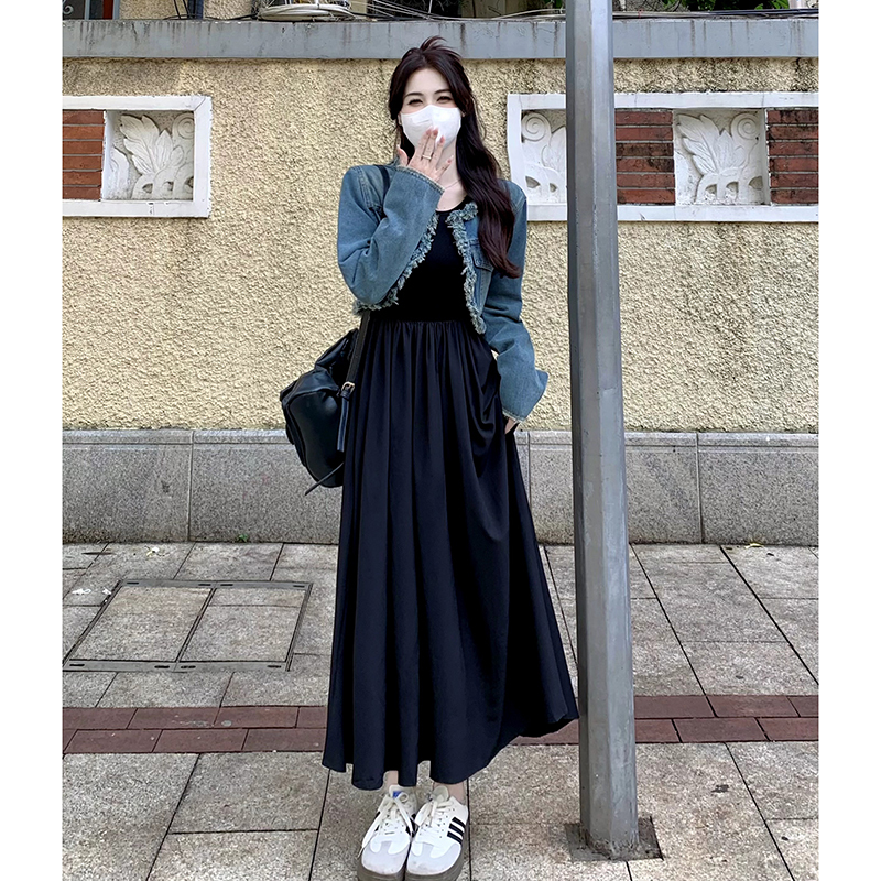 Retro high-end tassel denim raw edge jacket women's sleeveless vest dress suit