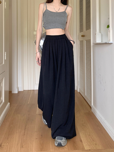 Summer new style loose slimming wide leg pants elastic waist high waist straight solid color casual pants for women