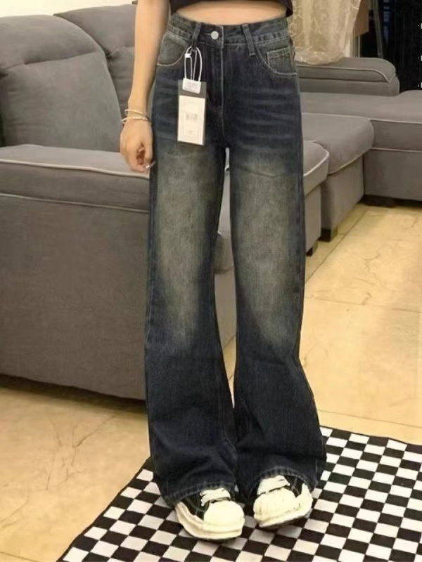 High street American style slightly flared autumn and winter plus velvet large size wide leg pants trendy jeans for women slimming straight and loose