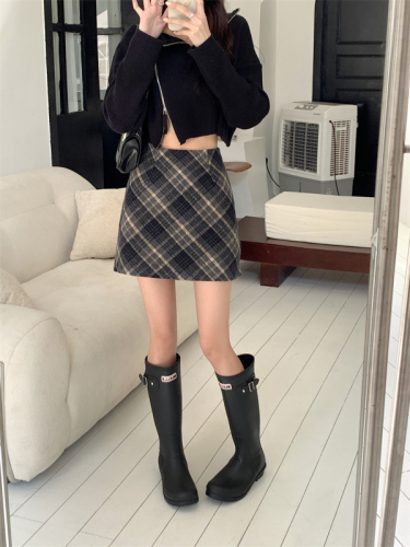 Woolen skirt, autumn and winter short skirt for women, new style, small high waist, slimming A-line plaid hip skirt