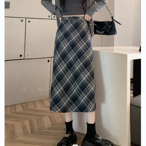 Plus size fat MM winter Korean style woolen high-waisted long skirt chi plaid mid-length skirt for women