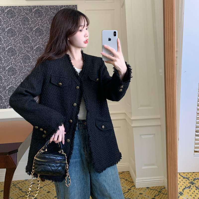 Plus size temperament small fragrance black coat women's quilted thickened niche long-sleeved chic short chic cardigan top