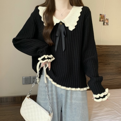 Large size design contrasting color doll collar fungus edge sweater women's winter fat mm slimming top