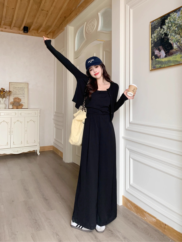 Summer Korean style design Hepburn style high-end suit, waist slimming jumpsuit, sun protection outer shawl two-piece set